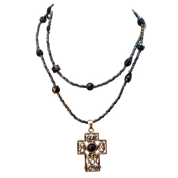 Multi-Strand Beaded Necklace With Celtic Cross Pendant & Iridescent Beads - Picture 2 of 4
